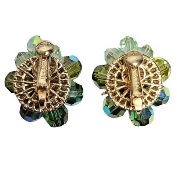 Vendome Gold Tone Green Beaded Faceted Glass Clip On Earrings, Signed - Picture 4 of 6